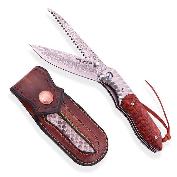 Exklusivní zavírací lovecký nůž s pilkou Dellinger Wilderer vg-10 Damascus
